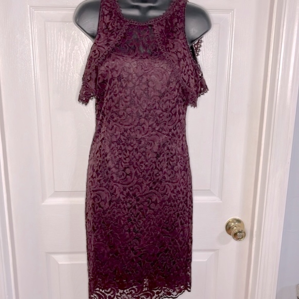 White House Black Market burgundy lace overlay dress, size 0.